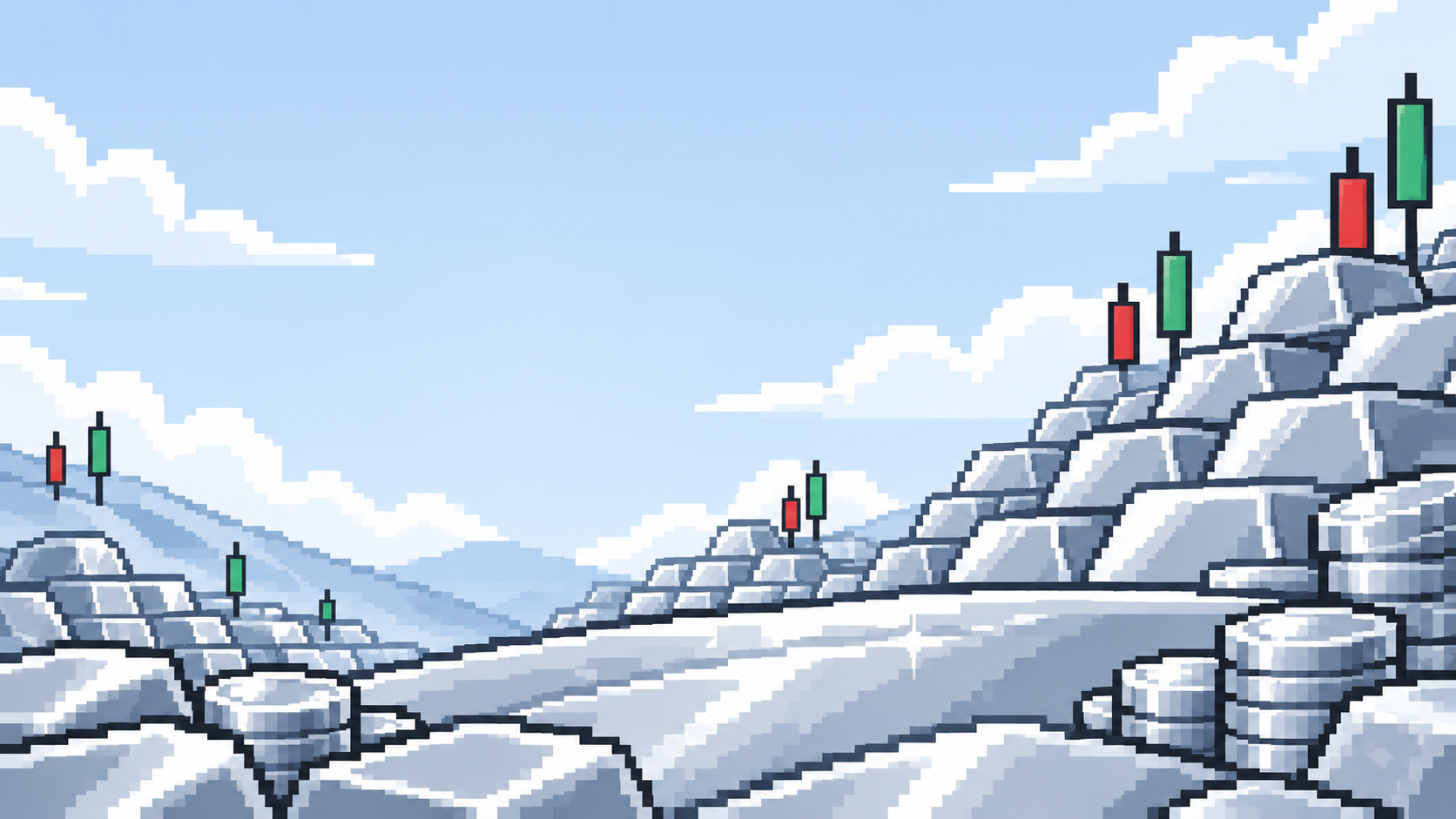 Pixel-art landscape of stacked silver bars, coins, clouds and red and green candlesticks